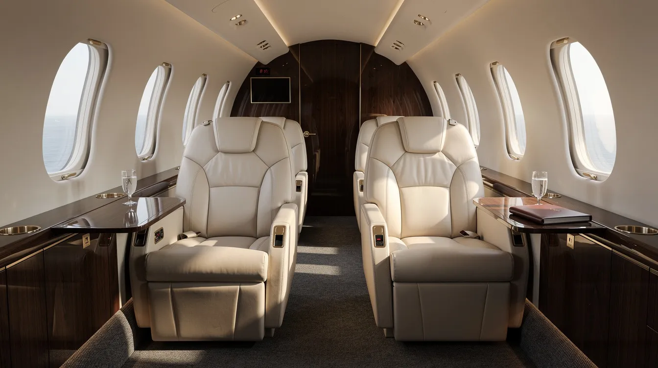 The image depicts a luxurious private jet interior featuring plush leather seats and ample natural light streaming through oval windows, creating an inviting atmosphere for private flying. This elegant space highlights the comfort and exclusivity associated with private aviation, ideal for business trips or international travel.