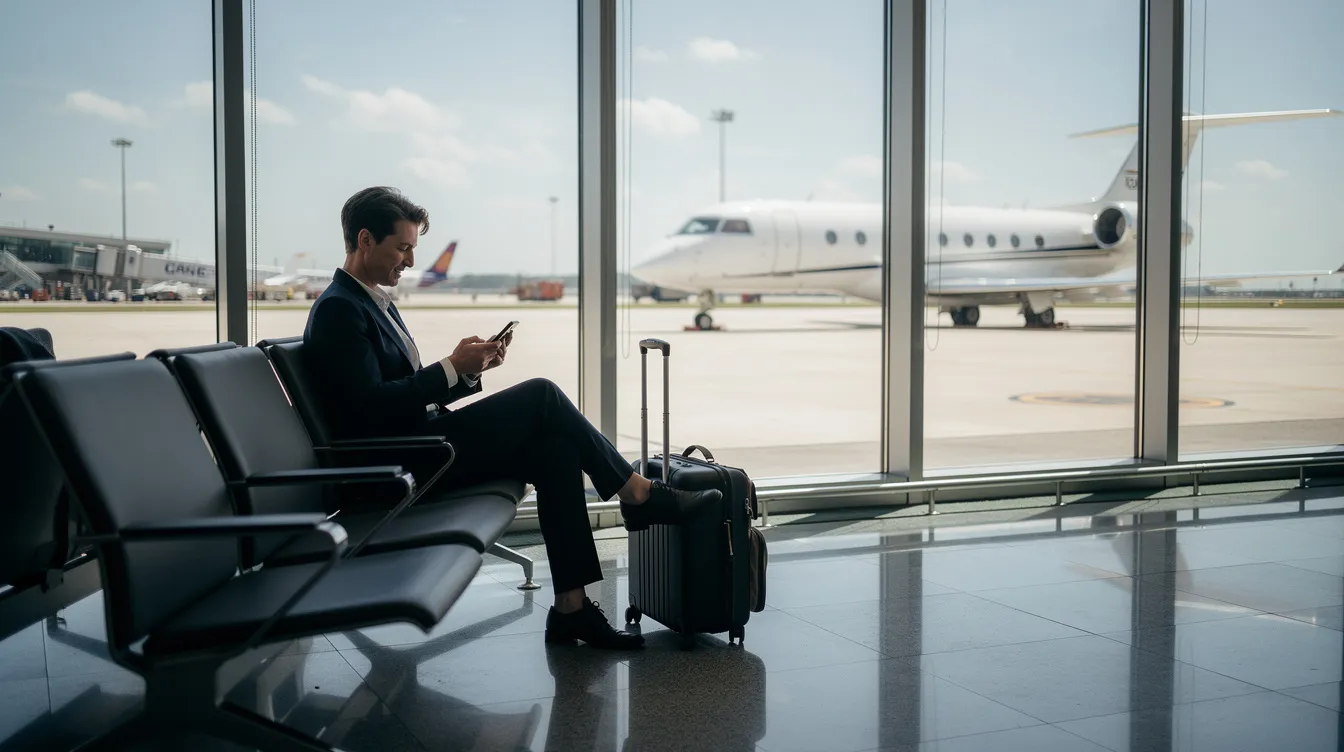 A person is sitting in an airport terminal, focused on their smartphone while a sleek private jet is visible through the window, highlighting the allure of private aviation. This scene captures the convenience of booking flights for international travel and the benefits of exclusive membership tiers in private flying services like Wheels Up and NetJets.