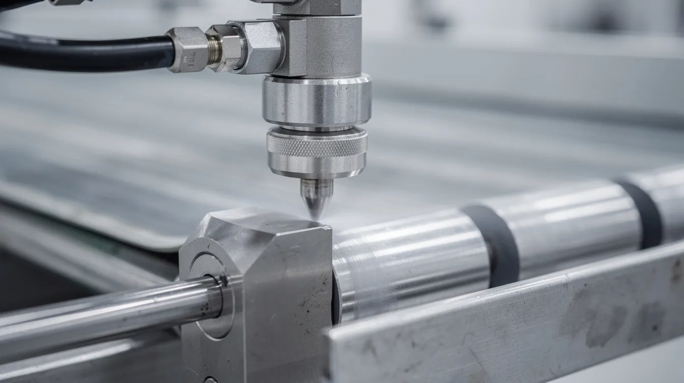 A close-up view of industrial air nozzle equipment is shown on a factory production line, featuring high velocity air jets used for drying metal components. The image highlights the technology and efficiency of the nozzle in the manufacturing process.