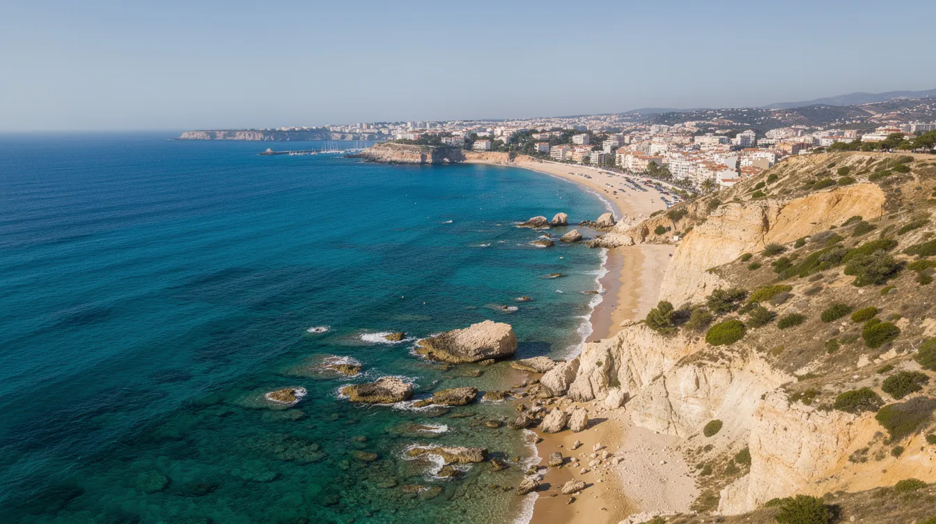 An aerial view captures the stunning Mediterranean coastline, showcasing vibrant turquoise waters alongside a coastal city in the distance, highlighting the natural beauty of the region. This scene reflects the efficient flow of life and tourism in this popular destination, where travelers can book flights to experience its unique charm.