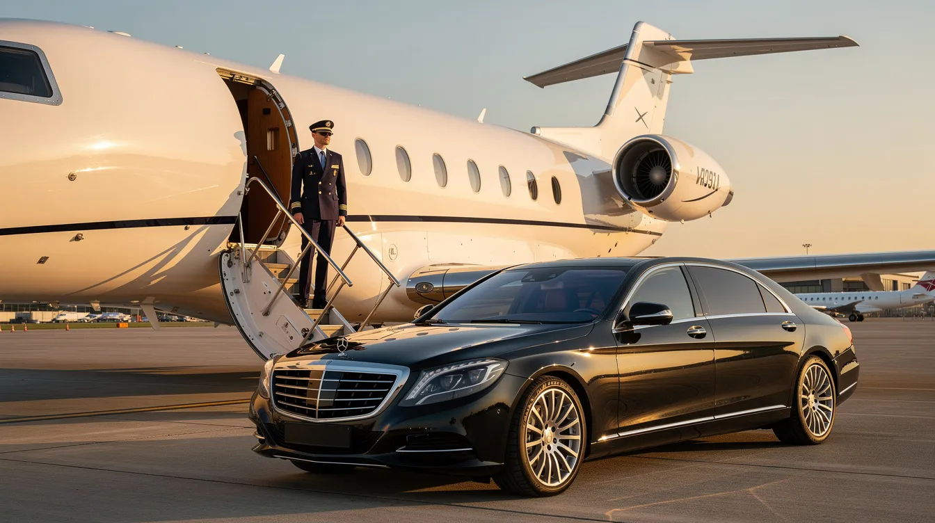 A luxury black car is parked at the foot of the private jet stairs on a tarmac, with a pilot standing by the aircraft door, ready to assist clients with their aviation services. This scene captures the essence of a mobile regional airport operation, showcasing the commitment of jet services to provide an exceptional travel experience.