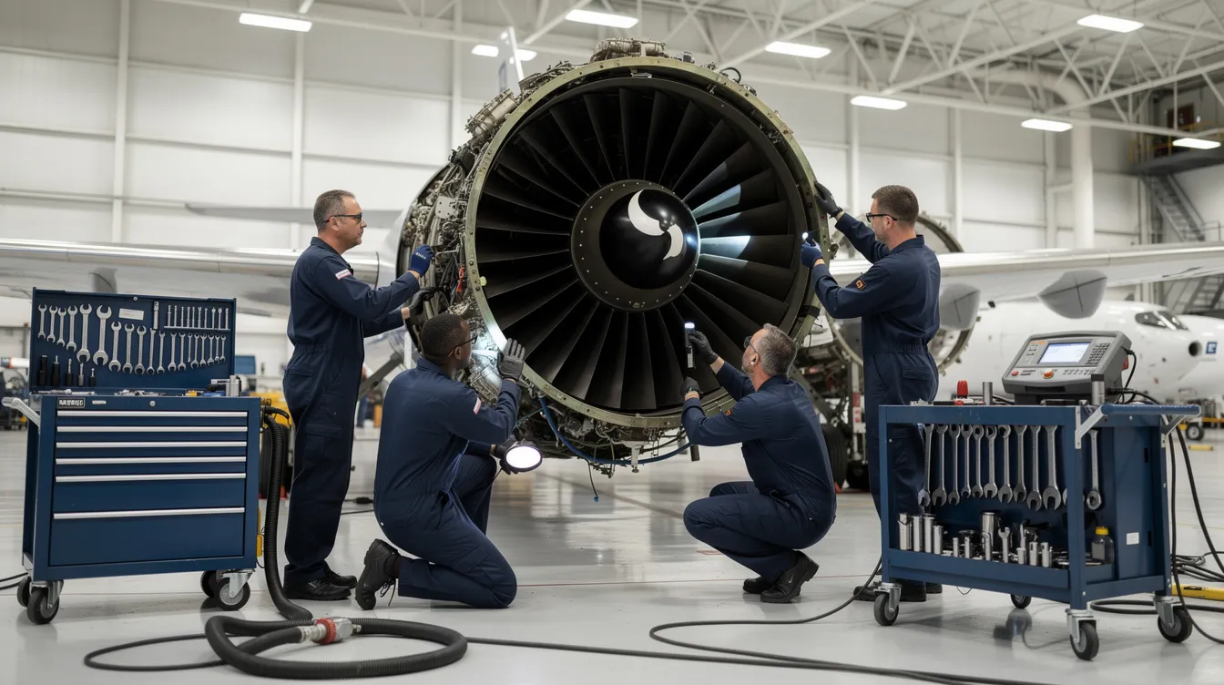 A team of aviation mechanics in coveralls is meticulously inspecting a turbine engine inside a well-lit aircraft hangar, surrounded by various tools and equipment. The scene highlights the commitment of jet services to providing top-notch aviation services for their clients.
