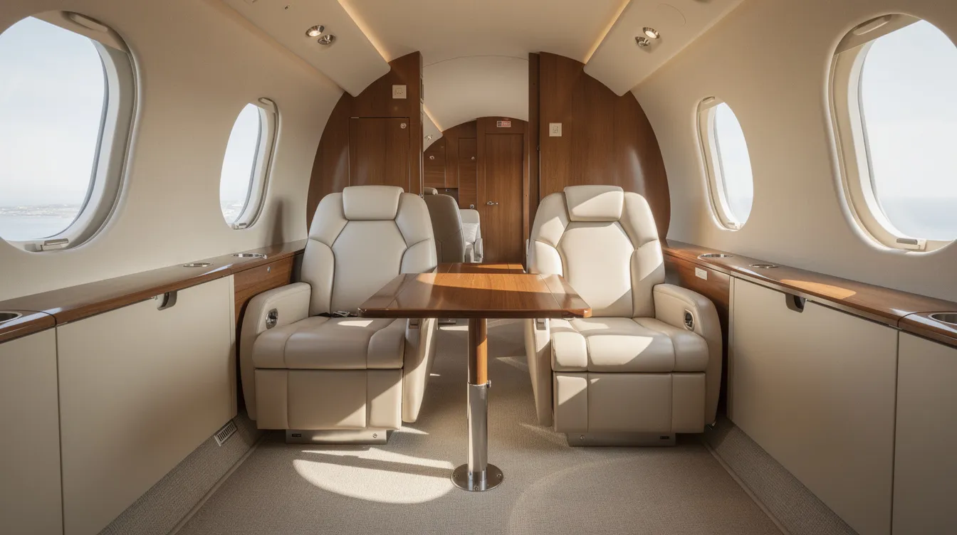 The image depicts the interior of a midsize private jet cabin, featuring cream leather seats arranged around a small table, with natural light streaming through oval windows, creating a luxurious and comfortable atmosphere for clients. This elegant space reflects the commitment of jet services to provide a premium travel experience for its customers.