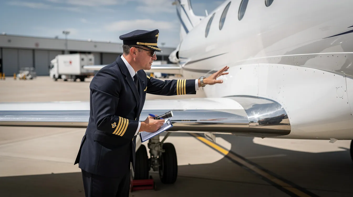 A private jet captain in uniform is inspecting the wing of a sleek jet, ensuring all systems are operational before flying passengers to their destination. This scene emphasizes the meticulous attention to detail required for safe flight operations.
