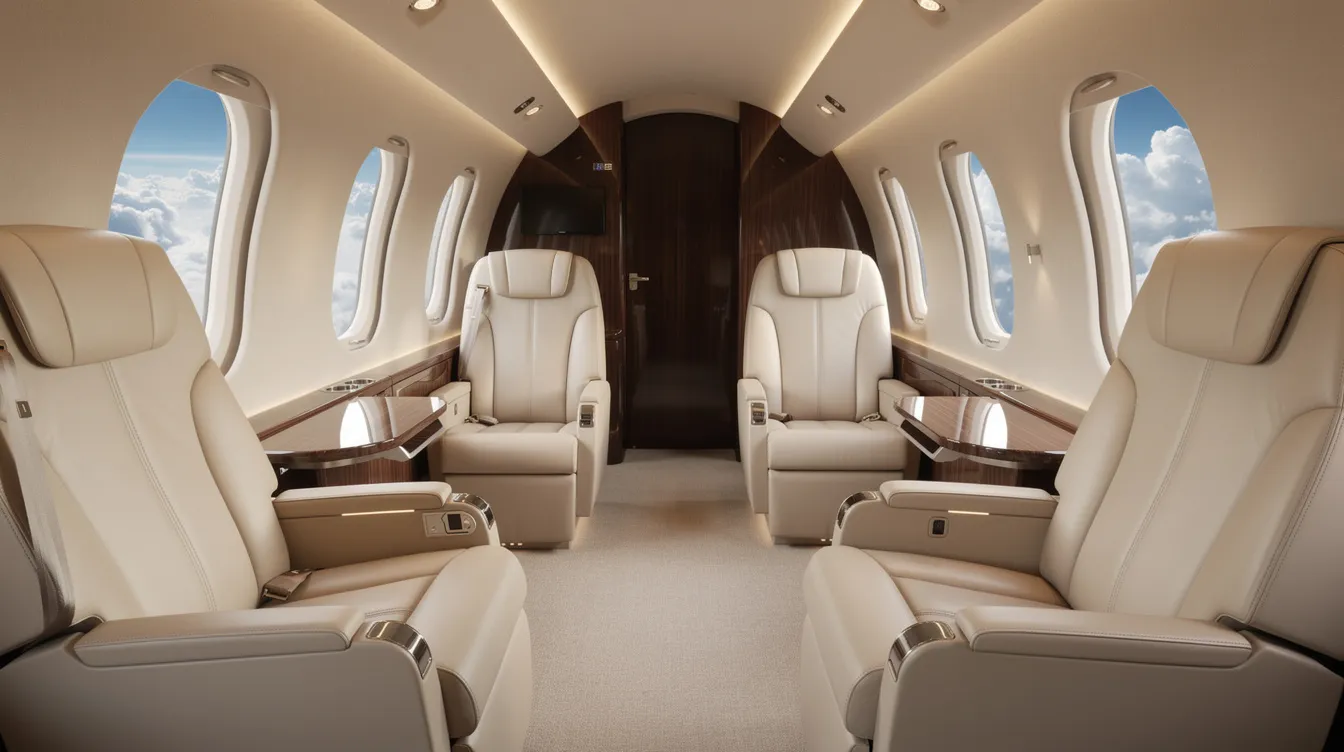 The image depicts the interior of a spacious private jet cabin, featuring cream leather seats and large oval windows that reveal a view of fluffy clouds outside. This luxurious business jet, owned by Conexon, offers a comfortable and elegant environment for its passengers.