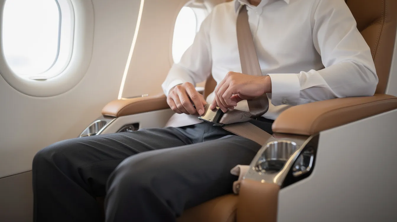 A passenger is seen fastening their seat belt in a luxurious leather seat within the cabin of a modern private jet, emphasizing the importance of safety during flight as per guidelines from the Federal Aviation Administration. The sleek interior reflects the sophistication of a Bombardier executive jet, designed for comfort and style.