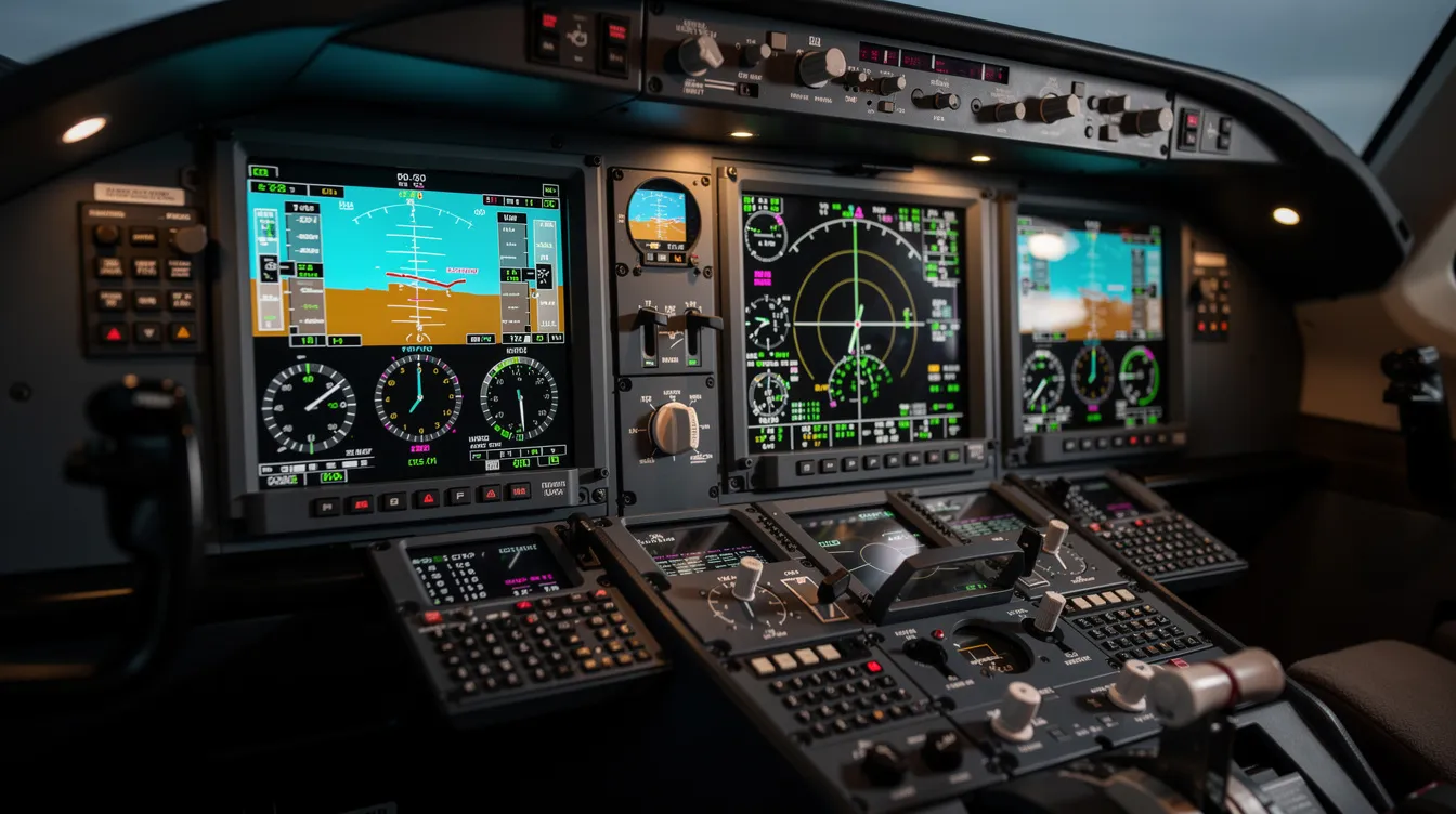 The image shows a close-up view of a private jet cockpit instrument panel, featuring multiple illuminated flight displays that provide critical information for the crew members. This high-tech setup is essential for monitoring flight data and ensuring safety during turbulent conditions.