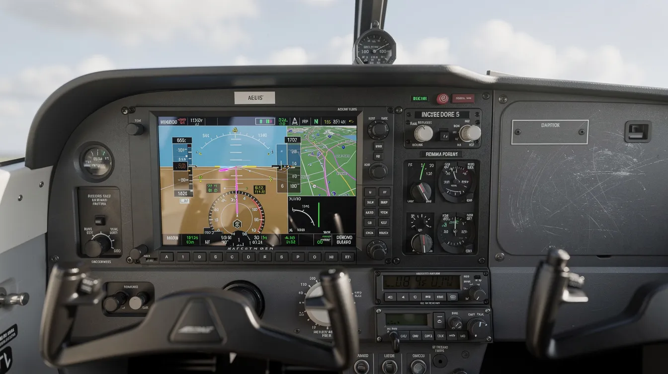 The image features a close-up view of a sophisticated glass cockpit inside a small aircraft, showcasing modern avionics and digital flight instruments designed for student pilots and aviation enthusiasts. The cockpit is outfitted with multifunction displays that enhance the flying experience and ensure reliable performance during flight training.