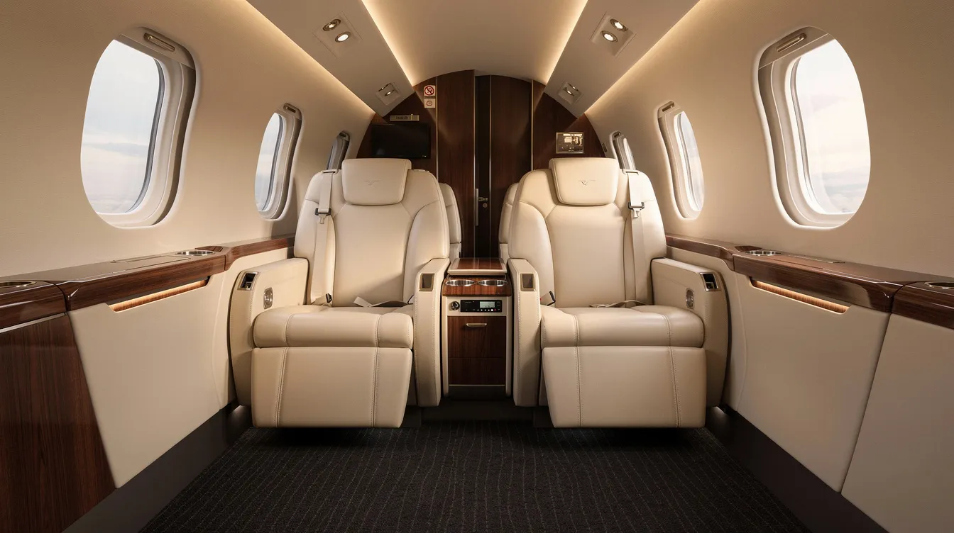 The image depicts the interior of a luxurious private aircraft cabin, featuring wide leather seats arranged in a 1-2 configuration that allows for generous legroom, enhancing the travel experience for passengers. This elegant setting highlights the comfort and convenience of private jet travel, making it an efficient option for both business and leisure trips.