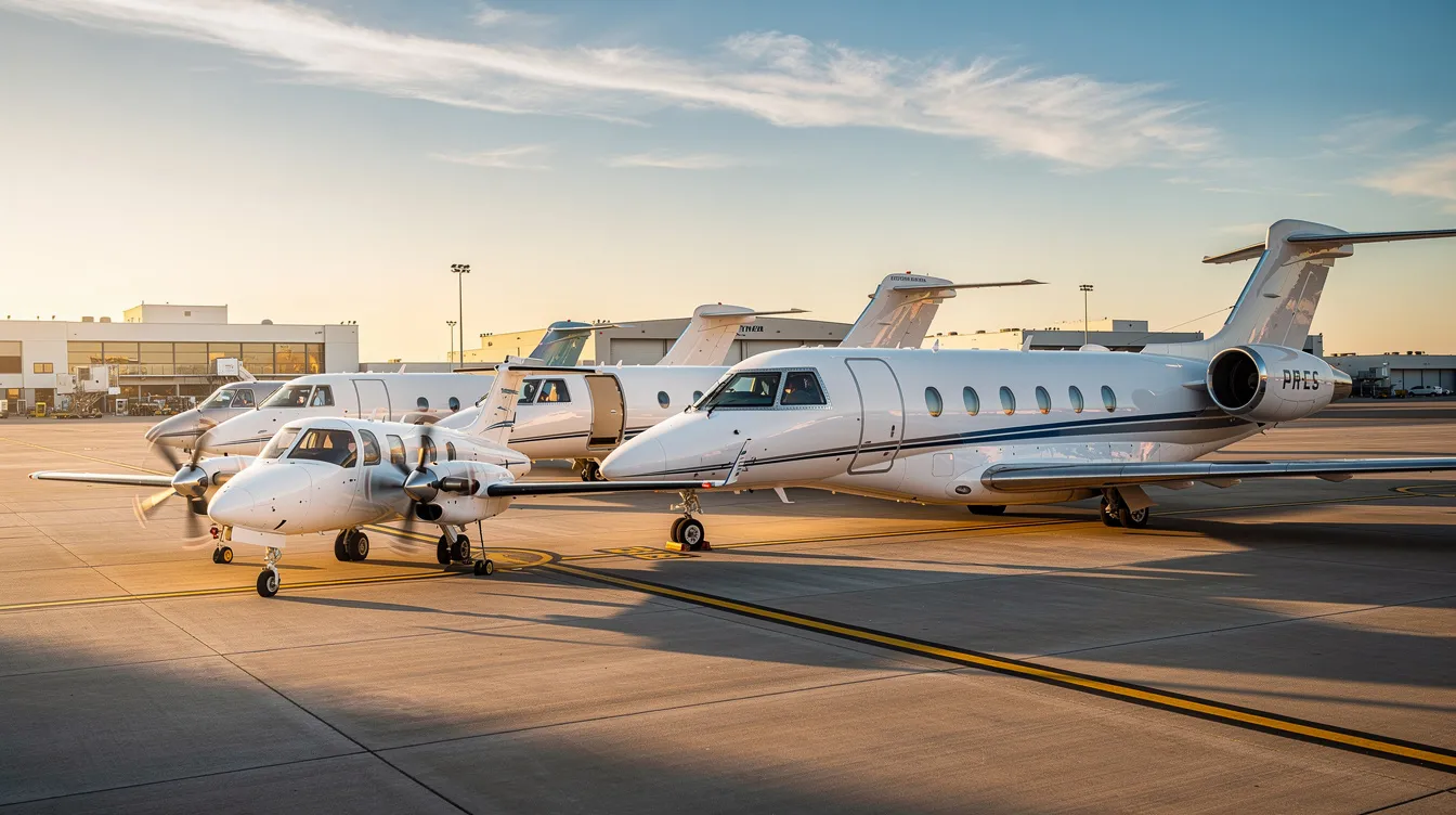 A lineup of several private jets, ranging from a small turboprop to a large cabin jet, is showcased on an airport ramp, highlighting the variety in private aviation options for both domestic and international flights. This scene emphasizes the convenience and luxury of private jet travel, offering clients personalized service and flexibility in their travel plans.