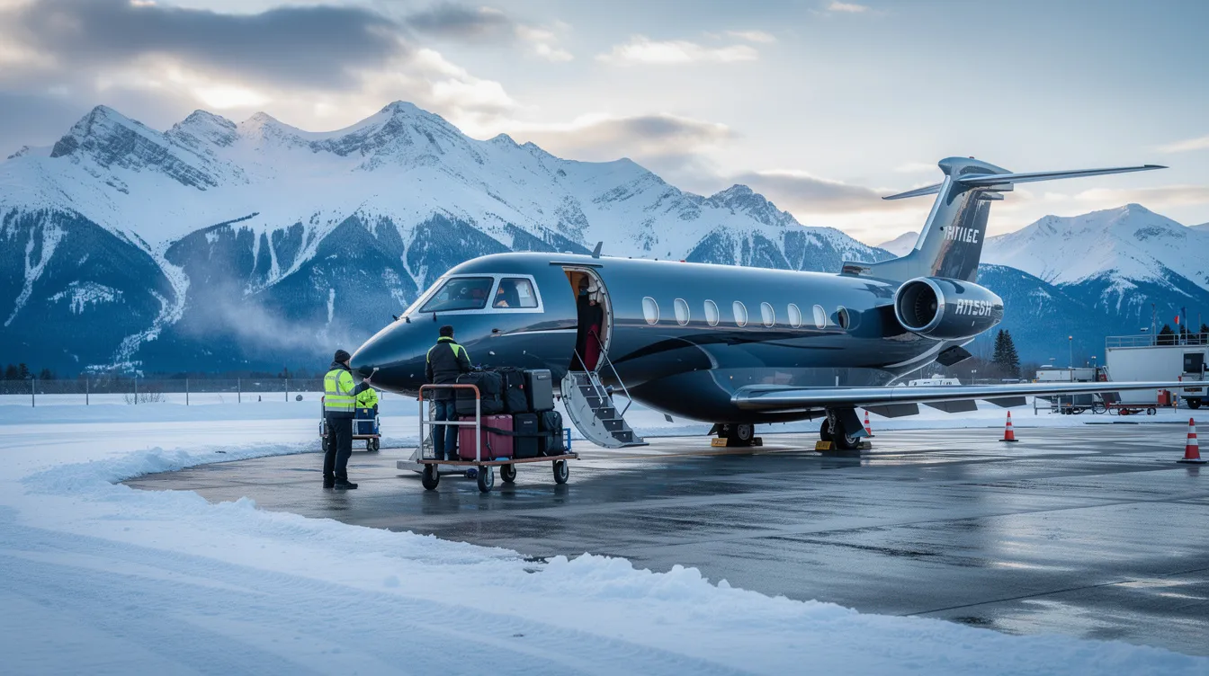 A ground crew is seen loading luggage onto a midsize private jet at a snowy mountain airport, showcasing the essential ground handling services vital for safe and efficient operations in challenging weather conditions. The backdrop features snow-covered mountains, emphasizing the unique environment of this Oregon airport.