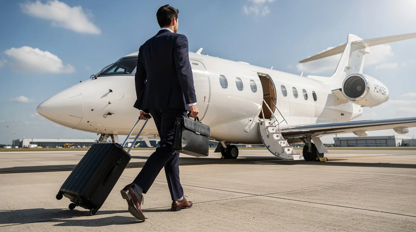 A business traveler in professional attire walks towards a private jet on a sunny day, highlighting the allure of fractional aircraft ownership for efficient and flexible travel. The scene captures the essence of private aviation, emphasizing the benefits of guaranteed access and co-ownership arrangements.