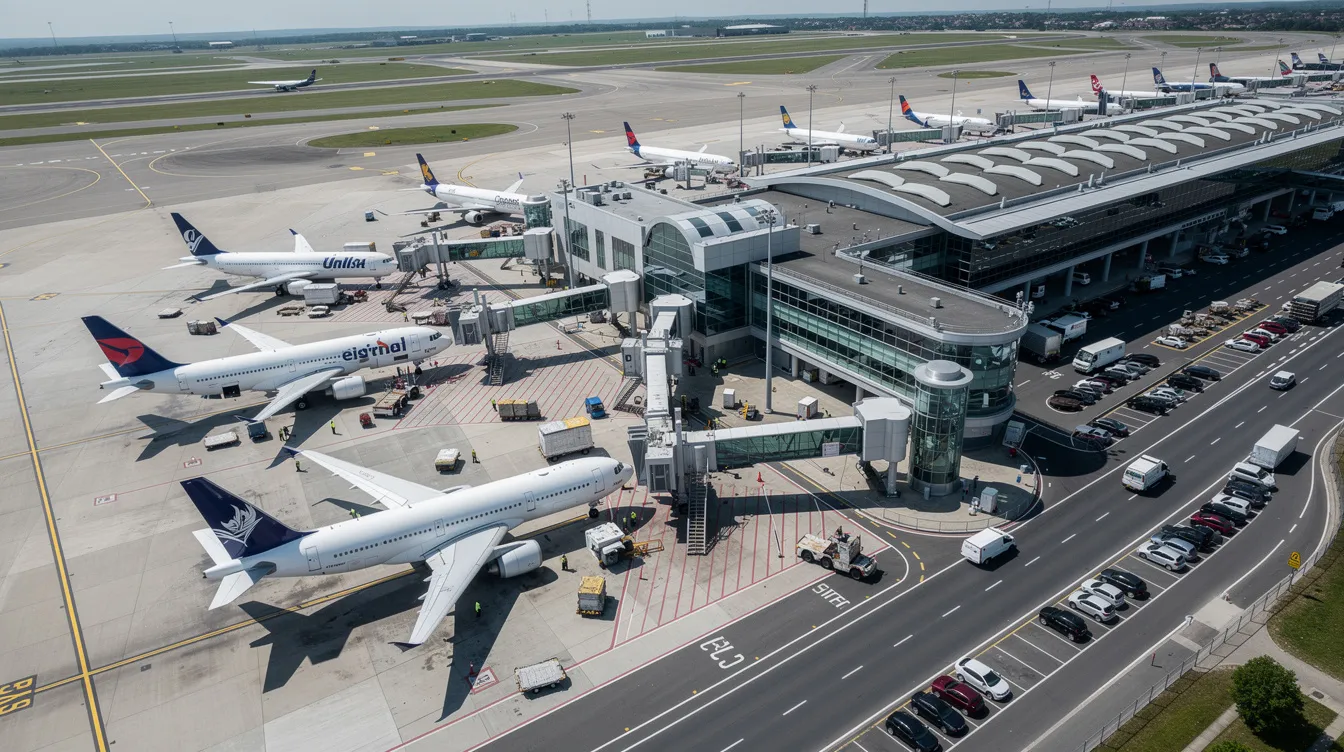 An aerial view of a busy airport terminal showcases multiple aircraft parked at their gates, with travelers bustling around as they prepare for their flights. This scene captures the vibrant atmosphere of an airport, where airlines like Southwest Airlines operate, connecting popular destinations such as Las Vegas and Orlando.
