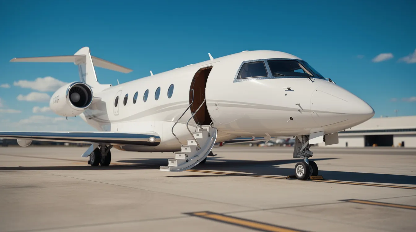 A sleek private jet is parked on a tarmac with its stairs extended, set against a backdrop of a clear blue sky. This luxurious aircraft represents the ease of travel for passengers flying to popular destinations like Las Vegas or New Orleans.