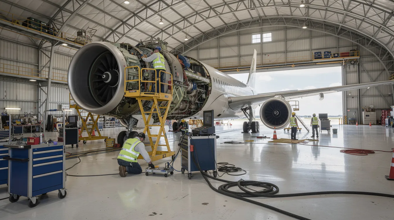 The image depicts the interior of a large aircraft maintenance hangar, where mechanics are diligently working on an engine of a jet aircraft. The scene highlights the specialized maintenance and restoration works essential for ensuring the reliability of various aircraft, including turboprop and jet models, as operated by aercaribe.