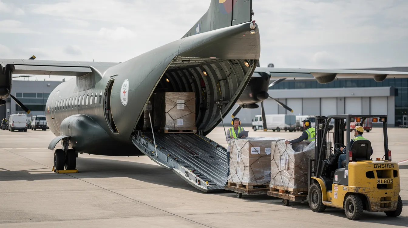 A turboprop aircraft is shown with its rear cargo ramp open, as crew members load palletized freight onto the aircraft. This scene highlights the aircraft's operational capabilities in charter cargo services, showcasing its efficient design for maximum payload delivery.