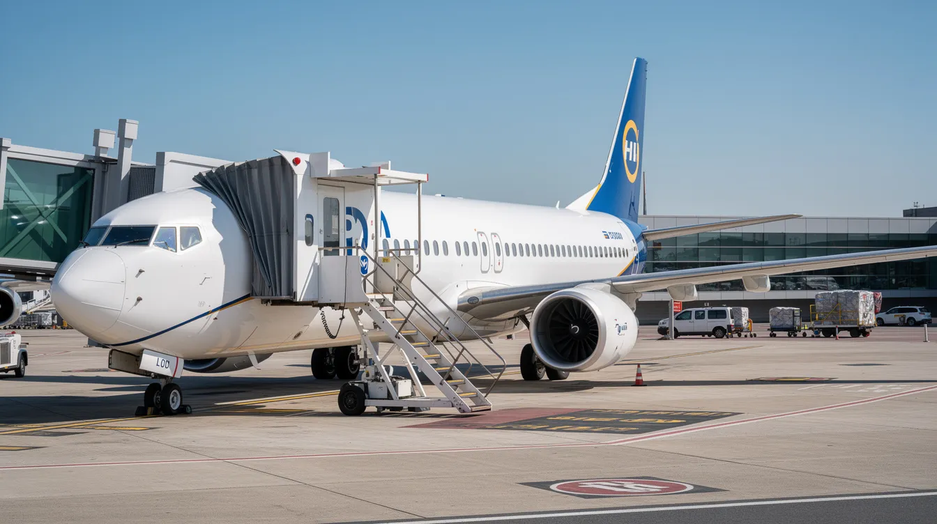 A Boeing 737-800 aircraft from Sun Country Airlines is parked at an airport gate, with a jet bridge connected for passenger boarding, set against a clear blue sky. This image captures the essence of modern air travel, highlighting the convenience of direct flights and the amenities available for travelers.
