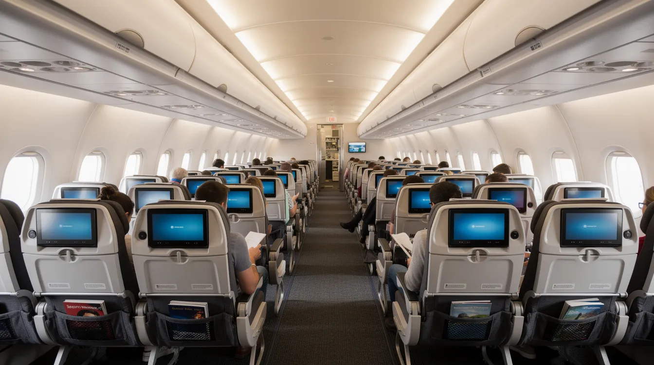 The image shows the interior of an airplane's economy cabin, with multiple rows of seats and overhead bins, viewed from the front looking toward the back. This setting is typical for airlines like Sun Country, offering direct flights to various destinations, providing amenities such as AC power outlets and USB charging for passengers.