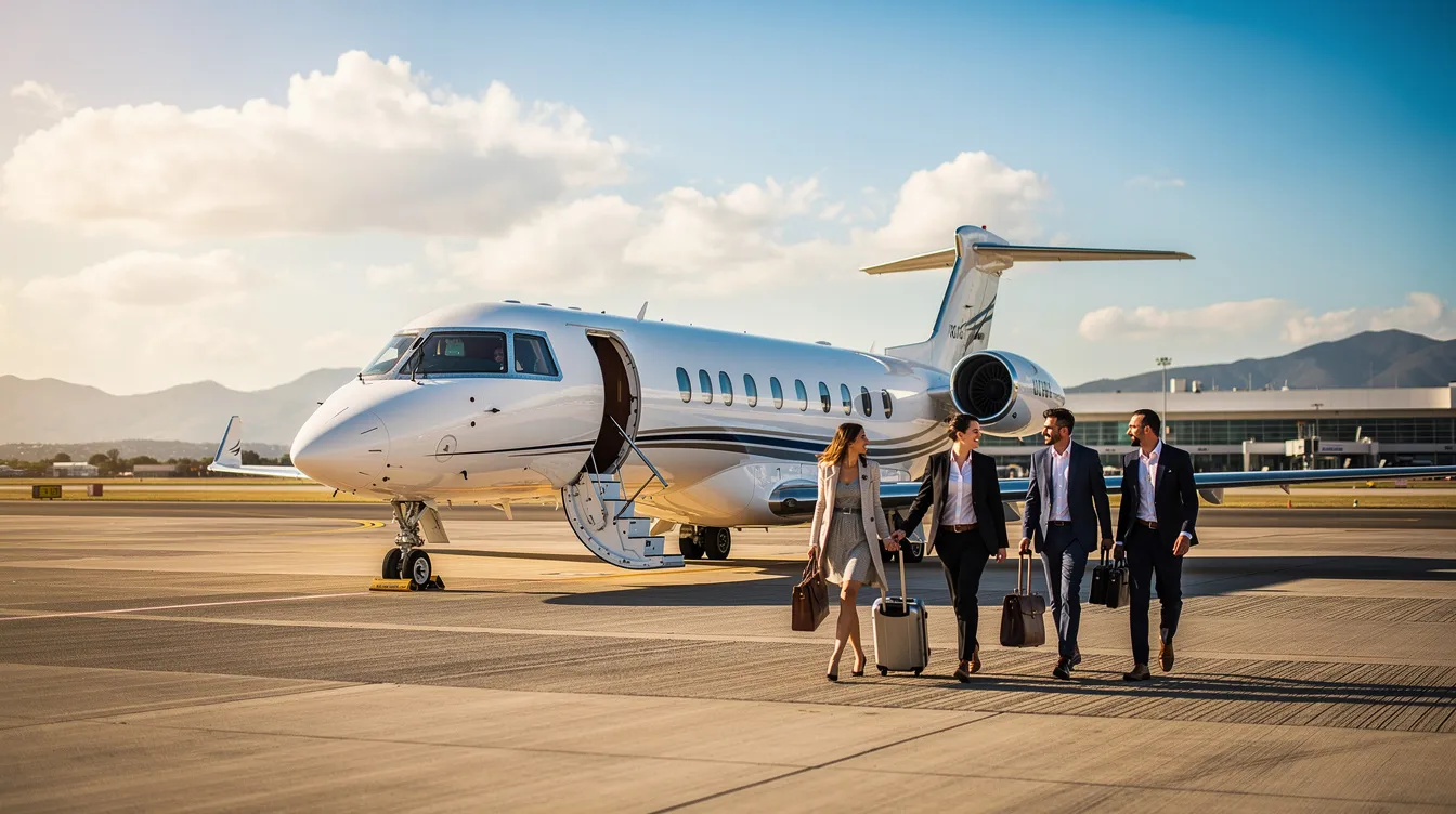 A small private jet is parked on the runway under sunny weather, with passengers walking toward the boarding stairs, ready for their trip. This scene captures the excitement of travelers embarking on a journey, possibly to destinations like Mexico or Central America.