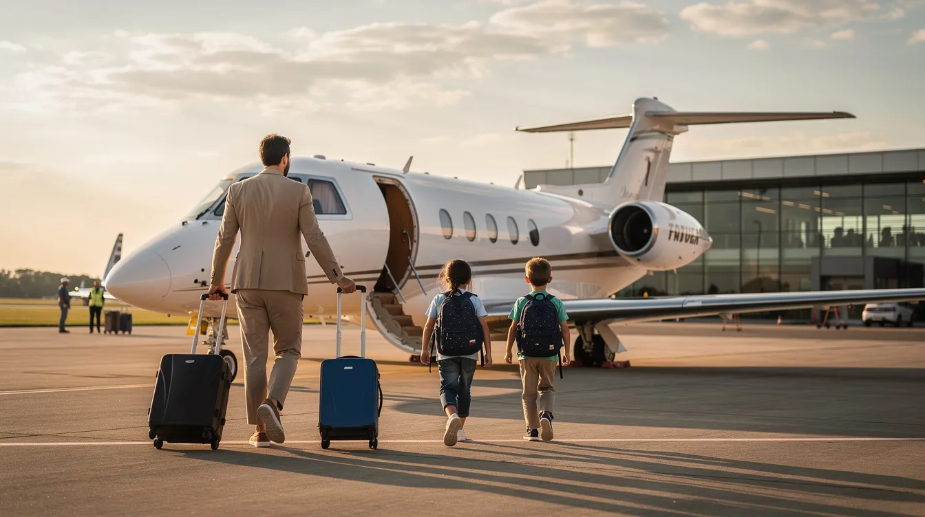 A family is walking toward a small private aircraft at a private terminal, accompanied by their luggage, ready for their journey. This scene reflects the convenience of personal air travel, showcasing the luxury of charter flights offered by Tradewind Aviation.