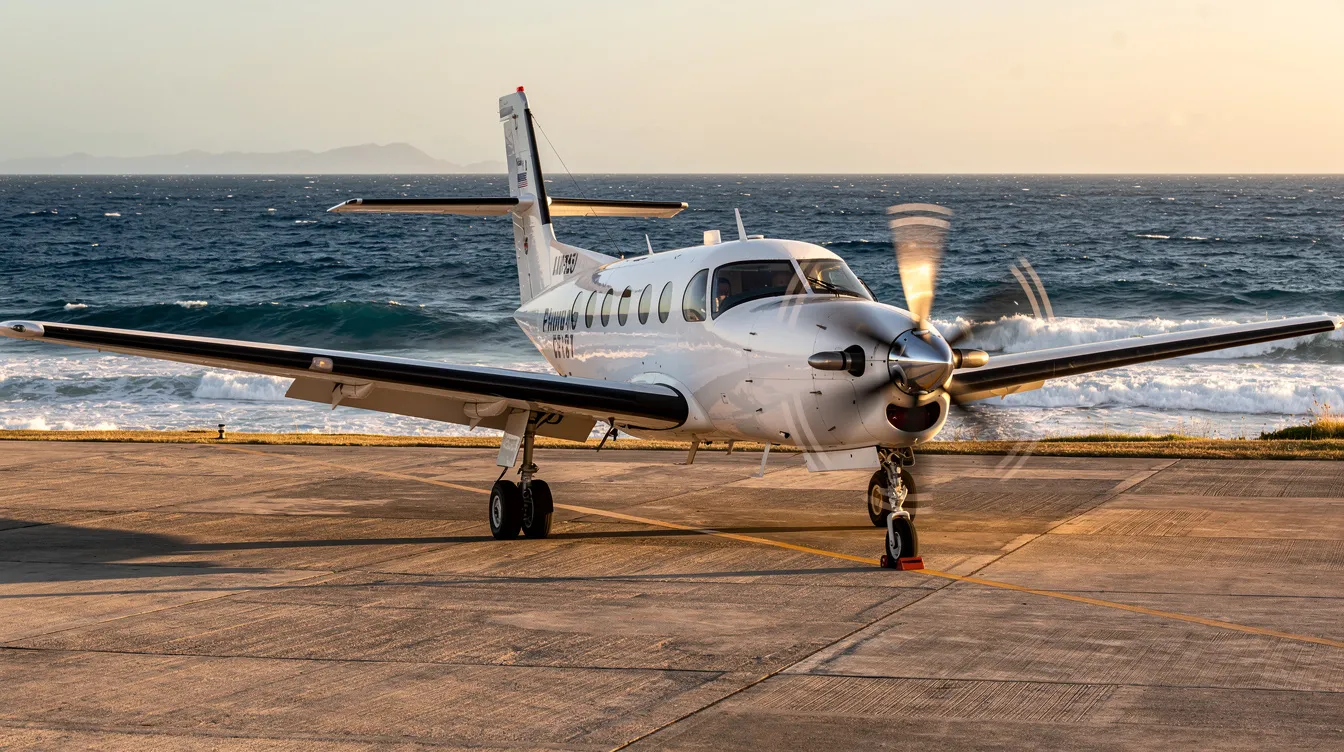 A small turboprop aircraft is parked on a coastal runway, with the blue ocean stretching out in the background, ideal for personal air travel and scheduled flights to destinations like Martha's Vineyard and St. Barths. The scene captures the essence of luxury aviation, perfect for aviation enthusiasts and guests seeking private charter options.