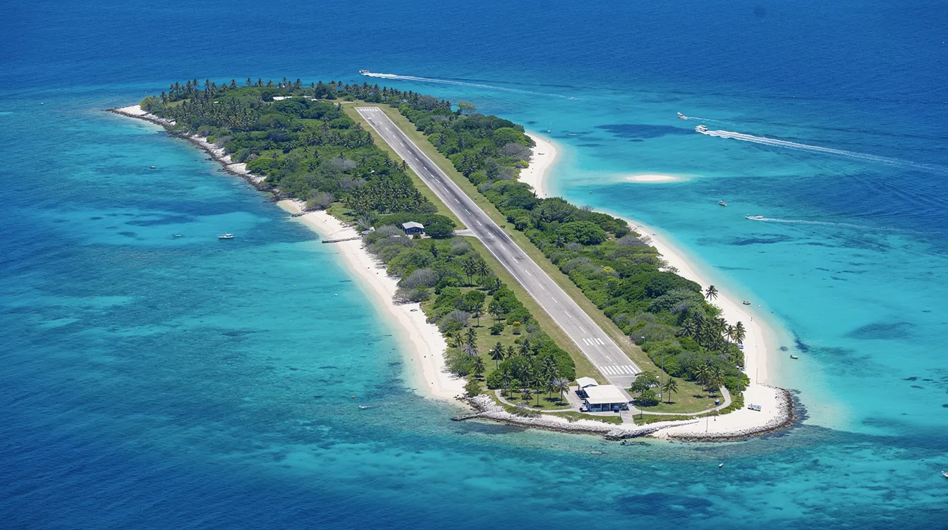 An aerial view showcases a small green Caribbean island featuring a narrow airstrip surrounded by vibrant turquoise waters, ideal for private charter and scheduled flights. This picturesque destination highlights the beauty of personal air travel in the region, appealing to aviation enthusiasts and travelers seeking a tropical getaway.