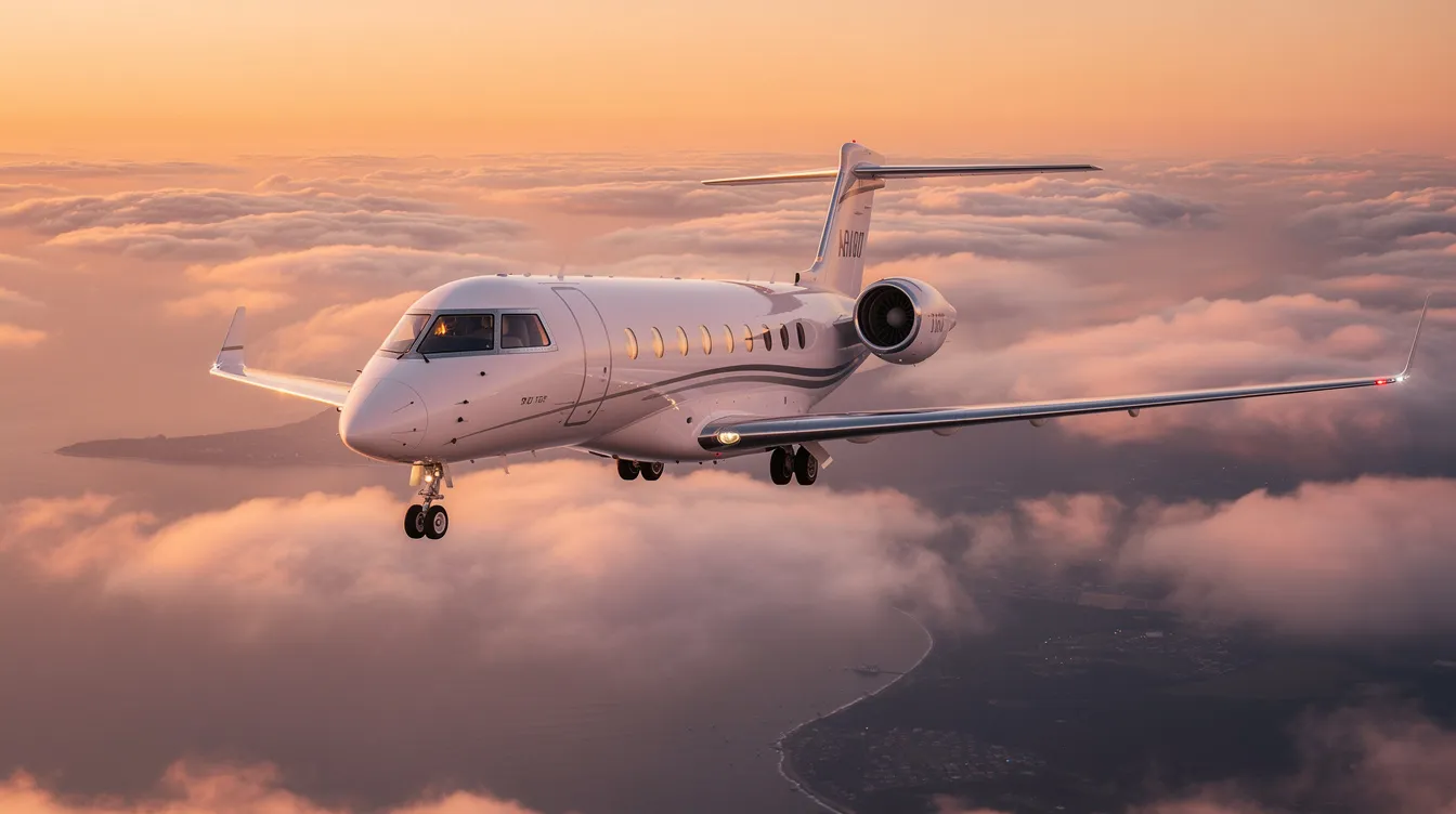 The image showcases a sleek private jet soaring through a clear blue sky, symbolizing the luxury of private aviation. It highlights the concept of flying private, offering breathtaking air tours and the convenience of booking private flights with transparent pricing and no hidden fees.