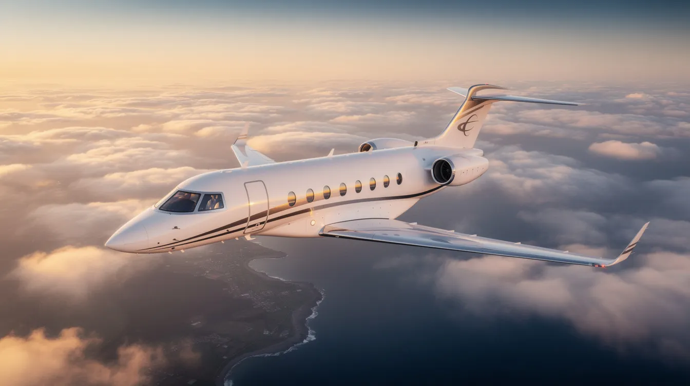 The image showcases a sleek private jet soaring through a clear blue sky, symbolizing the luxury of private aviation. It highlights the concept of flying private, offering breathtaking air tours and the convenience of booking private flights with transparent pricing and no hidden fees.