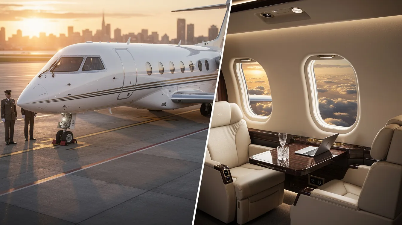 The image showcases a sleek private jet soaring through a clear blue sky, symbolizing the luxury of private aviation. It highlights the concept of flying private, offering breathtaking air tours and the convenience of booking private flights with transparent pricing and no hidden fees.