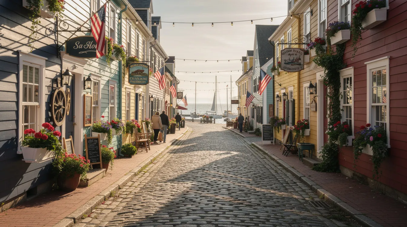 A picturesque cobblestone street in a historic coastal New England town features vibrant storefronts, inviting visitors to explore local shops and restaurants. This charming scene captures the essence of a quaint getaway, perfect for travelers seeking a refreshing trip from New York City.
