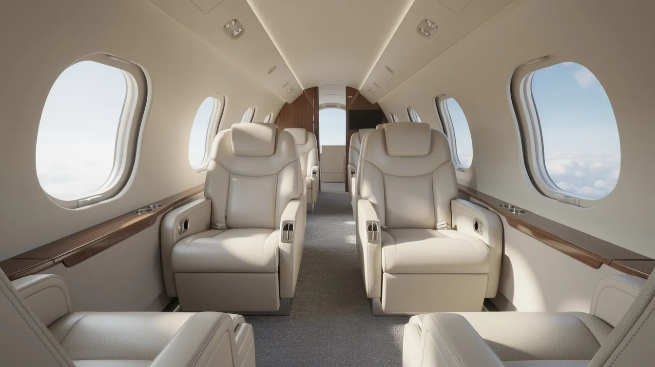 The image depicts the interior of a light private jet cabin featuring plush leather seats and abundant natural light streaming through oval windows, creating a luxurious atmosphere perfect for travelers heading to international destinations. This elegant space is ideal for those seeking comfort on their journey from New York City to popular locations like Mexico City or San Juan.