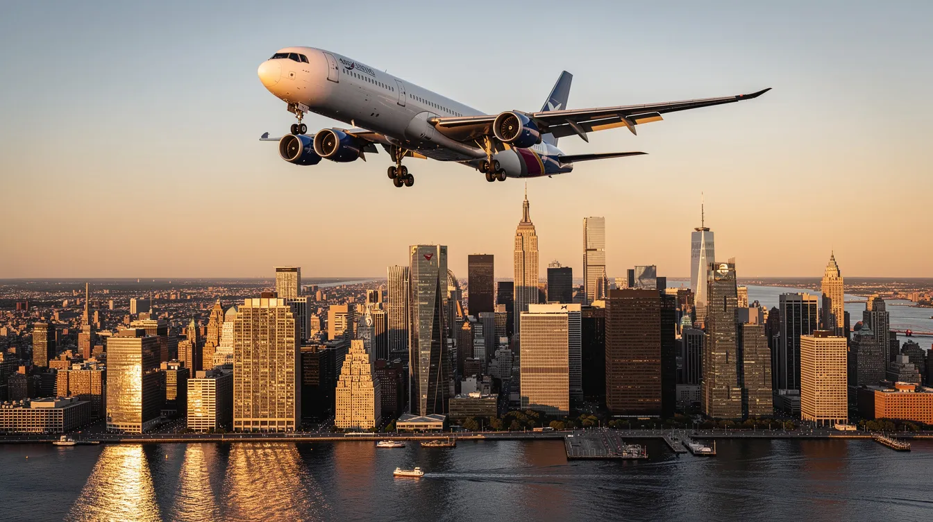 A commercial airplane is soaring over the New York City skyline, showcasing the iconic skyscrapers and the river below, symbolizing the journey from Miami to New York. This image captures the essence of direct flights and the vibrant urban landscape that travelers can expect when arriving at destination airports like JFK or Newark Liberty International.