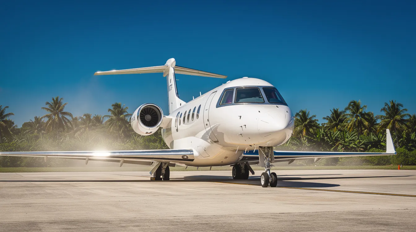 A sleek private jet is parked on the tarmac at Key West International Airport, surrounded by clear blue skies and lush tropical vegetation in the distance. This setting highlights the allure of flying to popular destinations like Key West, with airlines providing direct flights for a seamless travel experience.