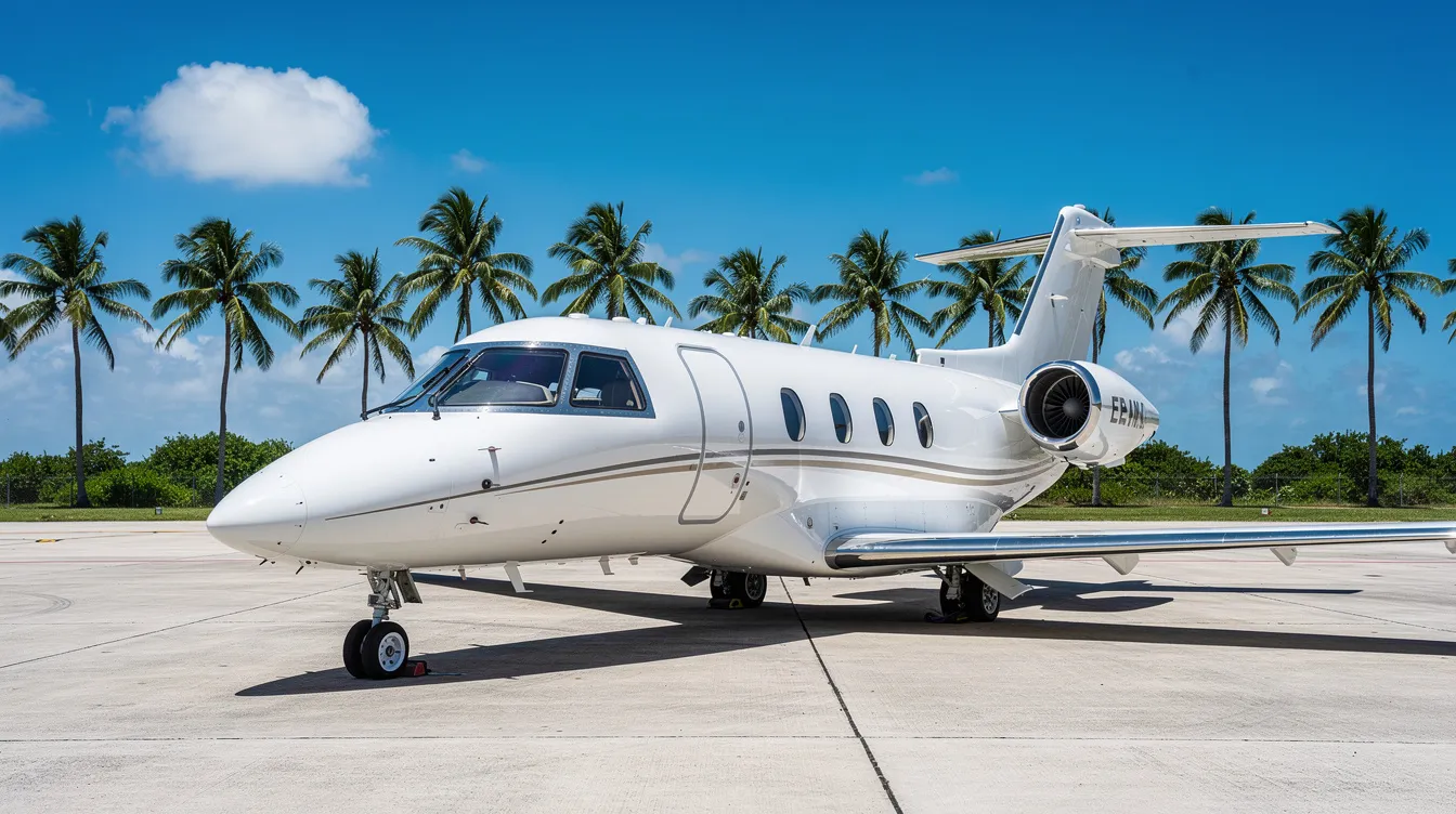 A small white private jet is parked on a sunny tarmac at Key West International Airport, surrounded by lush palm trees and a clear blue sky. This scenic view captures the essence of travel to the Florida Keys, making it an ideal spot for visitors seeking direct flights to Key West.