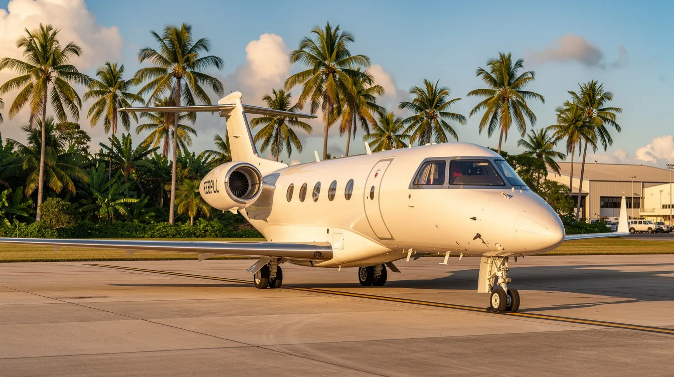 A small private jet is parked on a sunlit tropical airport tarmac at Key West International Airport, surrounded by palm trees. The bright atmosphere suggests a warm day, ideal for travelers seeking cheap international flights to popular destinations like Key West.