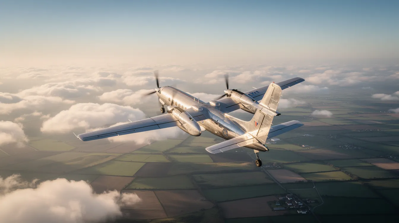 A twin-engine turboprop aircraft is soaring above a patchwork of scattered clouds, with lush farmland visible below. This image captures the essence of personal aviation, showcasing the flight experience offered by Triton Airways LLC, known for its commitment to safety and white glove service for valued customers.