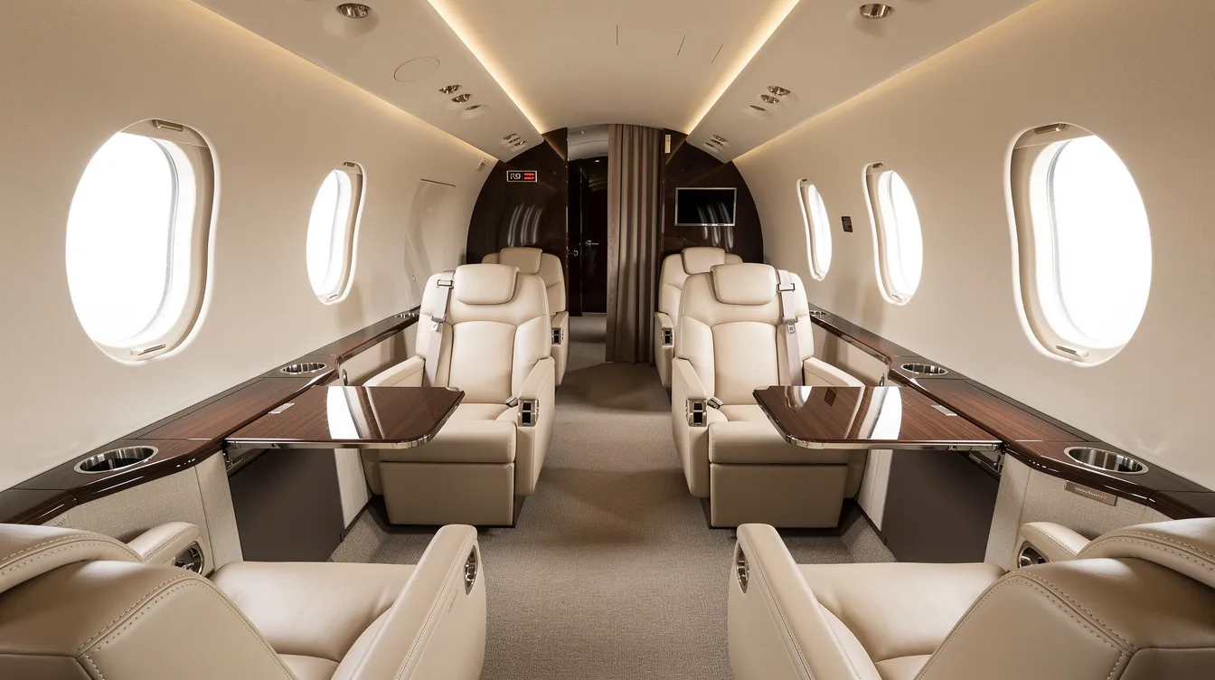 The image depicts the luxurious interior of a private jet cabin featuring plush leather seats and ample natural light streaming through oval windows, creating an inviting atmosphere for valued customers of Triton Airways LLC. This elegant space emphasizes personal aviation with attention to detail and white glove service, ideal for both business and family travel.
