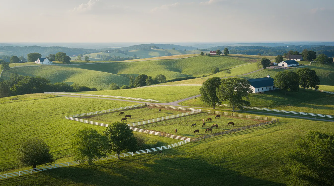 Aerial view of the rolling green hills and horse farms of central Kentucky, showcasing the beautiful landscape of Lexington, KY. This image highlights the scenic beauty that can be experienced through personal aviation services offered by Triton Airways LLC, where valued customers can enjoy private charters and flight school opportunities.