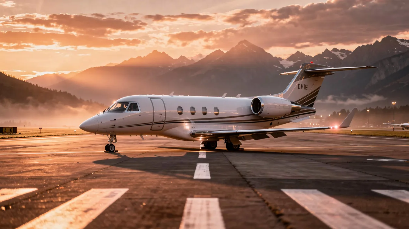 A small private jet is taxiing on a runway at sunset, with majestic mountains in the background. The aircraft is designed for passenger comfort, featuring business class seats and options for economy class, making it suitable for both short and long haul flights.