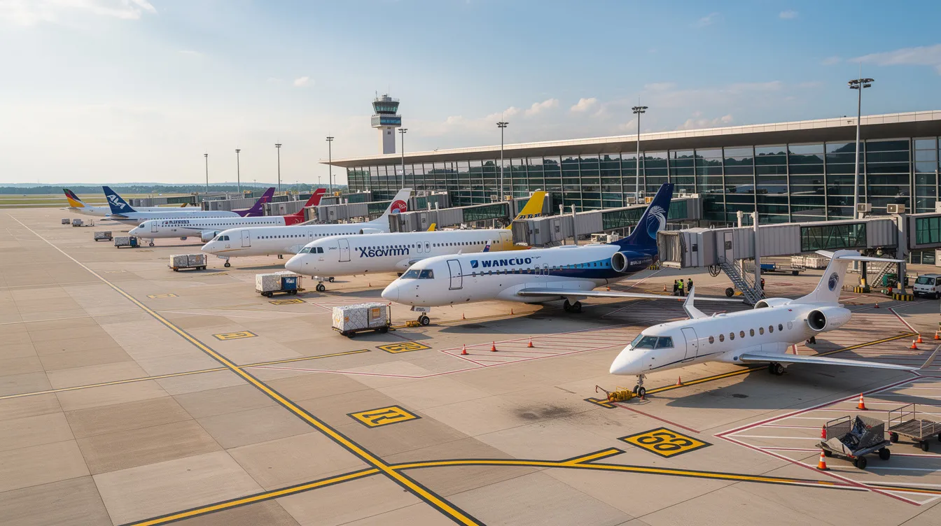 The image shows several commercial and private airplanes of varying sizes parked side by side at a bustling airport gate area, highlighting the different seating configurations and cabin features available for passengers, such as business class and economy class seats. This scene captures the essence of air travel, where various airlines, including Delta Air Lines and Singapore Airlines, cater to travelers' needs for comfort and safety.