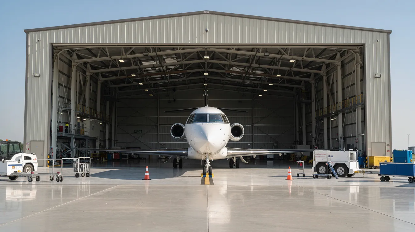 The image depicts a spacious aircraft hangar with its doors wide open, revealing a sleek business jet parked inside alongside various ground equipment on the tarmac. This scene highlights the professionalism and operations of Bestfly, a recognized brand in the Angolan aviation market, dedicated to meeting the high demands of business aviation.