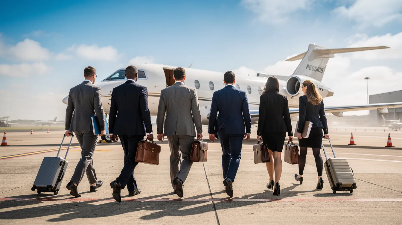 A group of senior management professionals is walking confidently towards a private jet on the airport tarmac during the daytime, showcasing the dynamic nature of business aviation. This scene highlights the professionalism and proactive organization of Bestfly Angola, a recognized brand in the high-demanding market of the Angolan aviation industry.