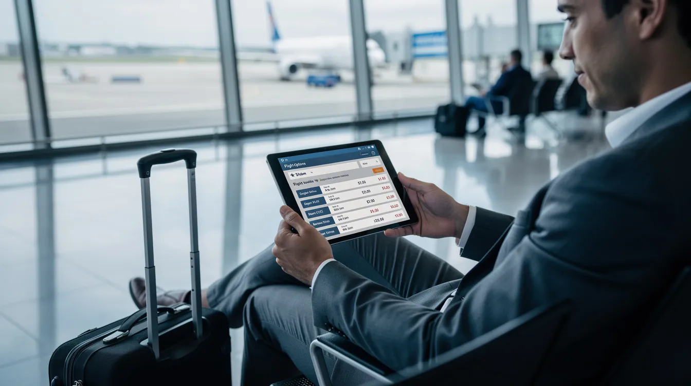 A business traveler is seated at an airport terminal, intently using a tablet to browse flight options on a digital screen, showcasing the most flexible fleet of charter aircraft available for destinations worldwide. The scene captures the essence of modern travel, emphasizing the convenience and efficiency of accessing capable business jets for journeys to remote locations.