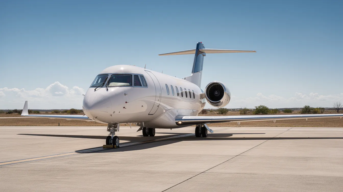 A sleek private business jet is parked on a runway, set against the expansive flat landscape of Texas under a clear blue sky. This impeccably appointed aircraft represents the most flexible fleet of capable business jets, ready to operate to destinations worldwide.