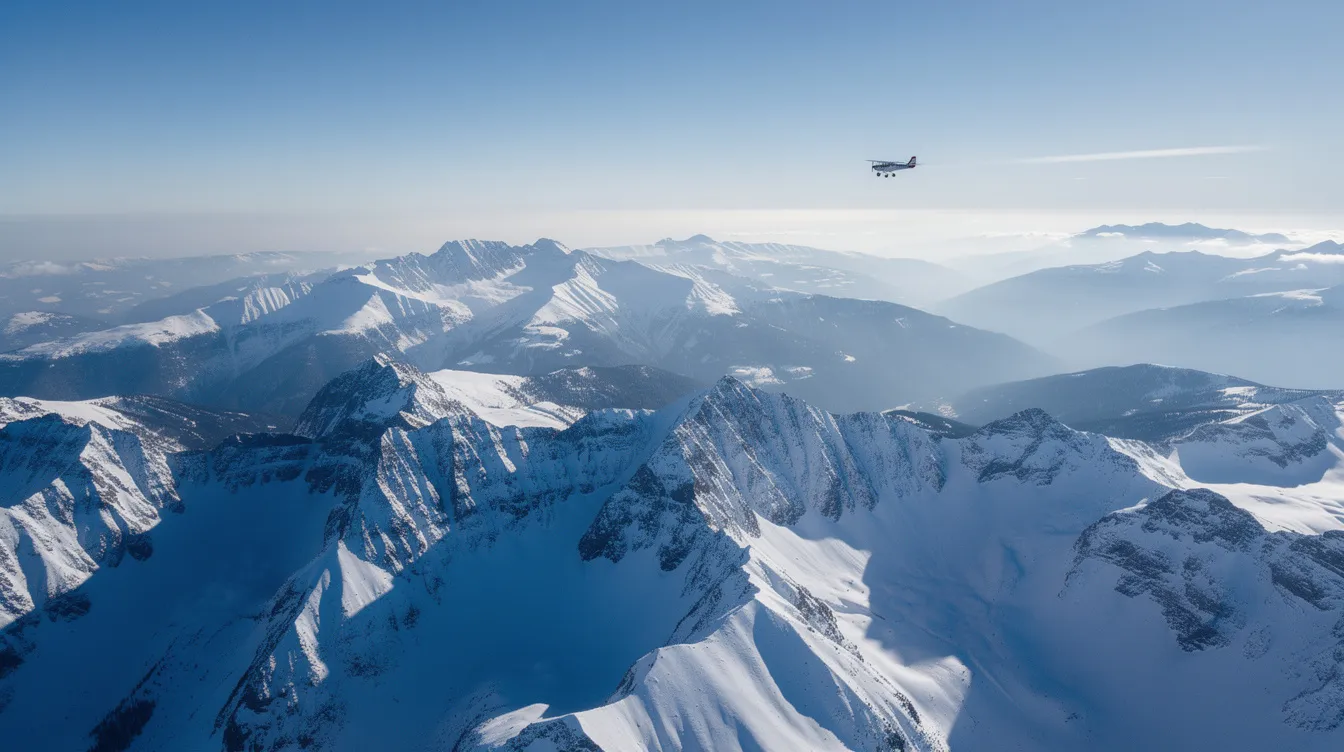 An aerial view showcases majestic snowy mountain peaks, with a small charter aircraft flying in the distance against a clear winter sky, highlighting the beauty of remote locations worldwide. This image evokes the spirit of adventure and the capabilities of capable business jets, ready to take you anywhere your journey leads.