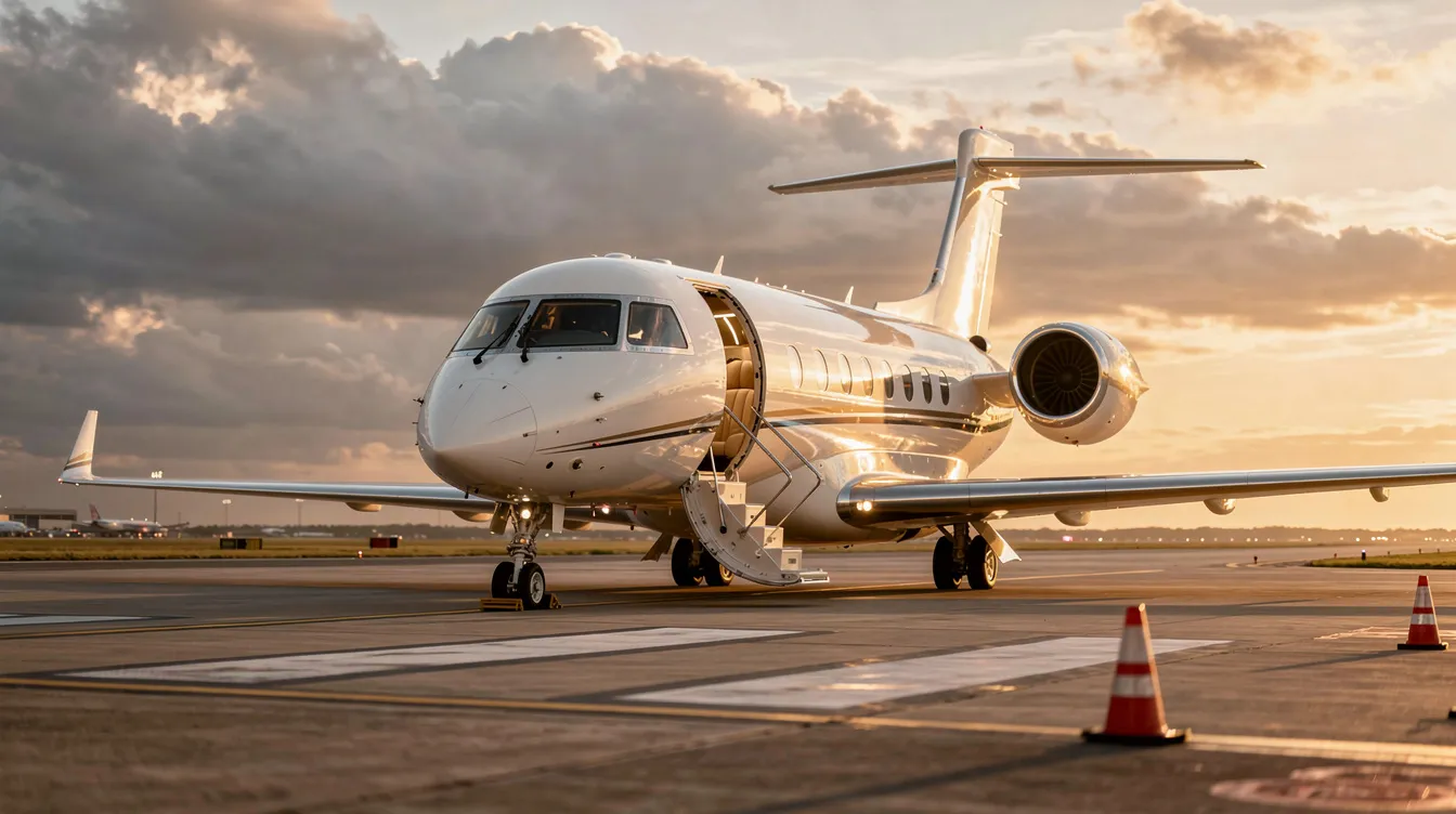 A sleek private jet is parked on the tarmac at a vibrant airport, ready for travelers seeking direct flights to Marsh Harbour. The aircraft symbolizes luxury and convenience, offering private charter flights to stunning destinations in the Bahamas.