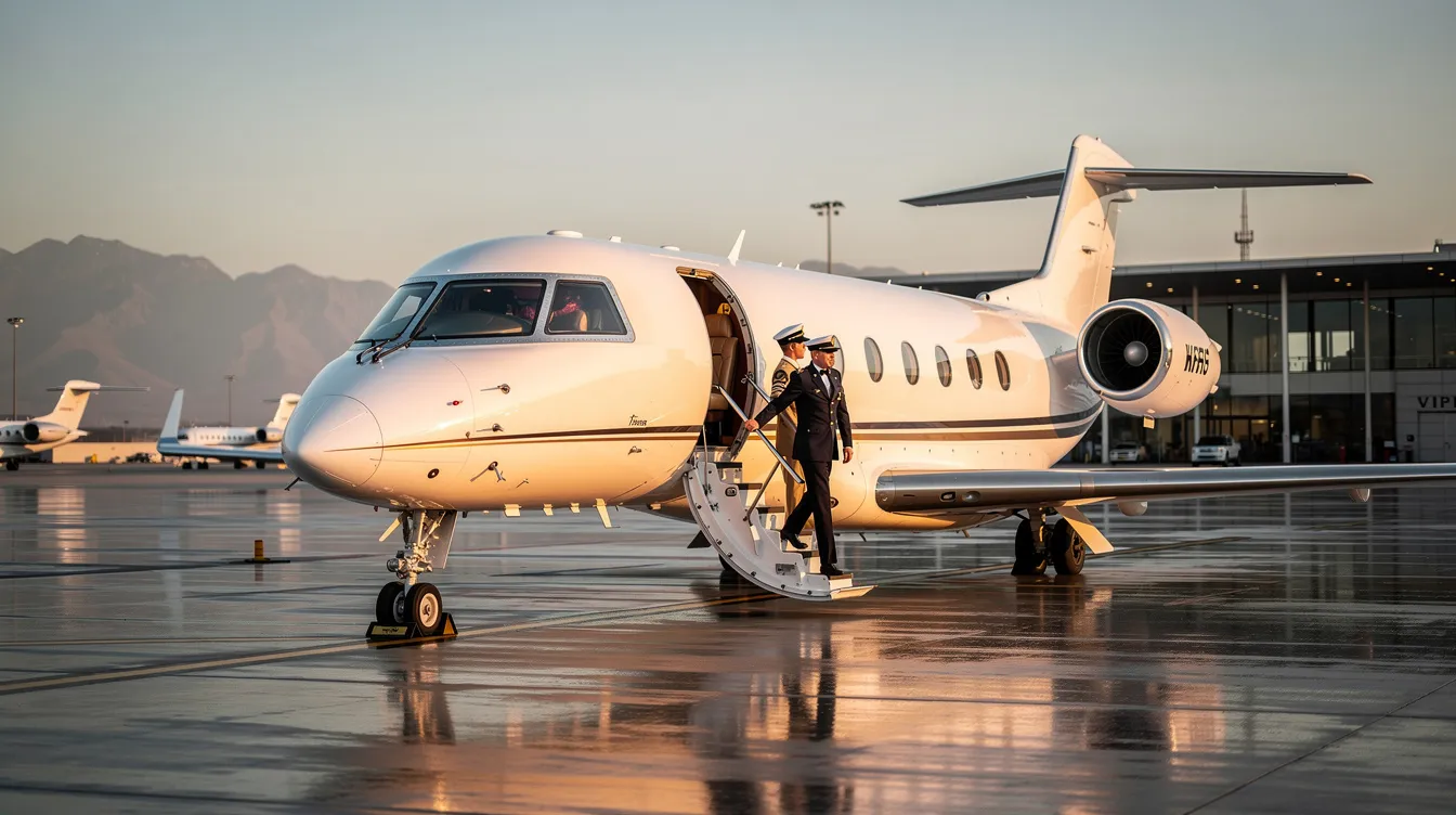 The image depicts a luxurious private jet, showcasing the sleek design of a Boeing 757, ready for takeoff at an international airport. This aircraft represents the new airline operations of Northern Pacific Airways, offering premium flight options for passengers traveling to destinations like Las Vegas and Alaska.