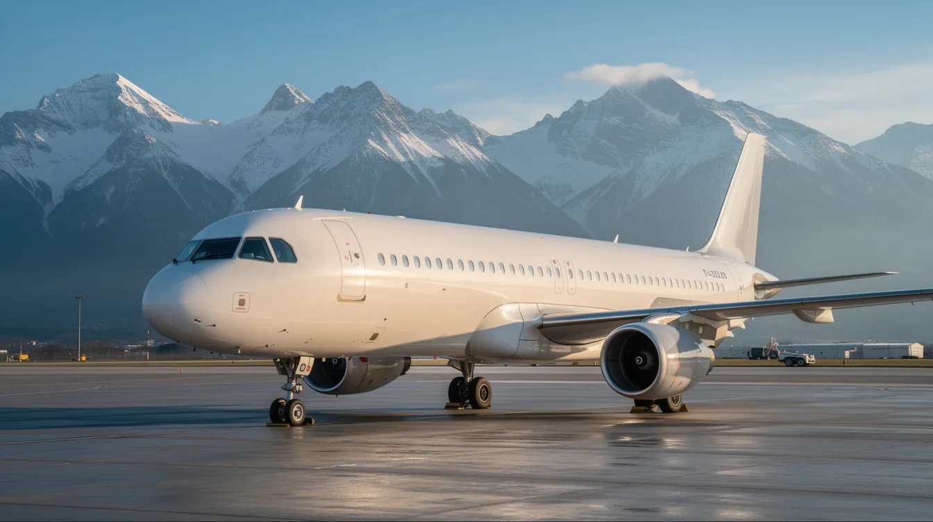 A narrow-body commercial jet, resembling a Boeing 757, is parked on a snow-covered tarmac with majestic snow-capped mountains in the background, suggesting a serene atmosphere often found near major international airports in the Pacific region. This image reflects the operational readiness of airlines like Northern Pacific Airways, ready to serve various destinations.