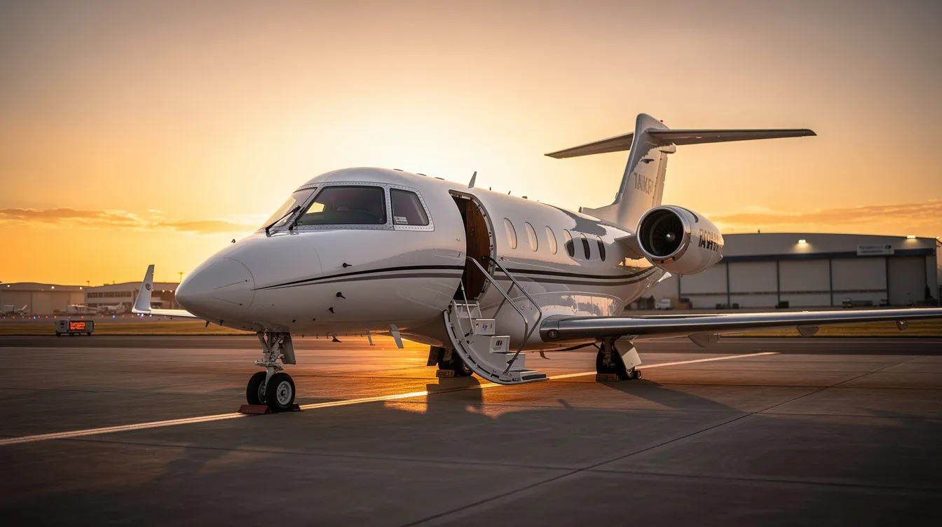 A small private jet is parked on a tarmac at sunset, with its cabin door open and stairs extended, inviting passengers to board easily. The warm colors of the sunset create a picturesque backdrop, emphasizing the luxury of flying in style.