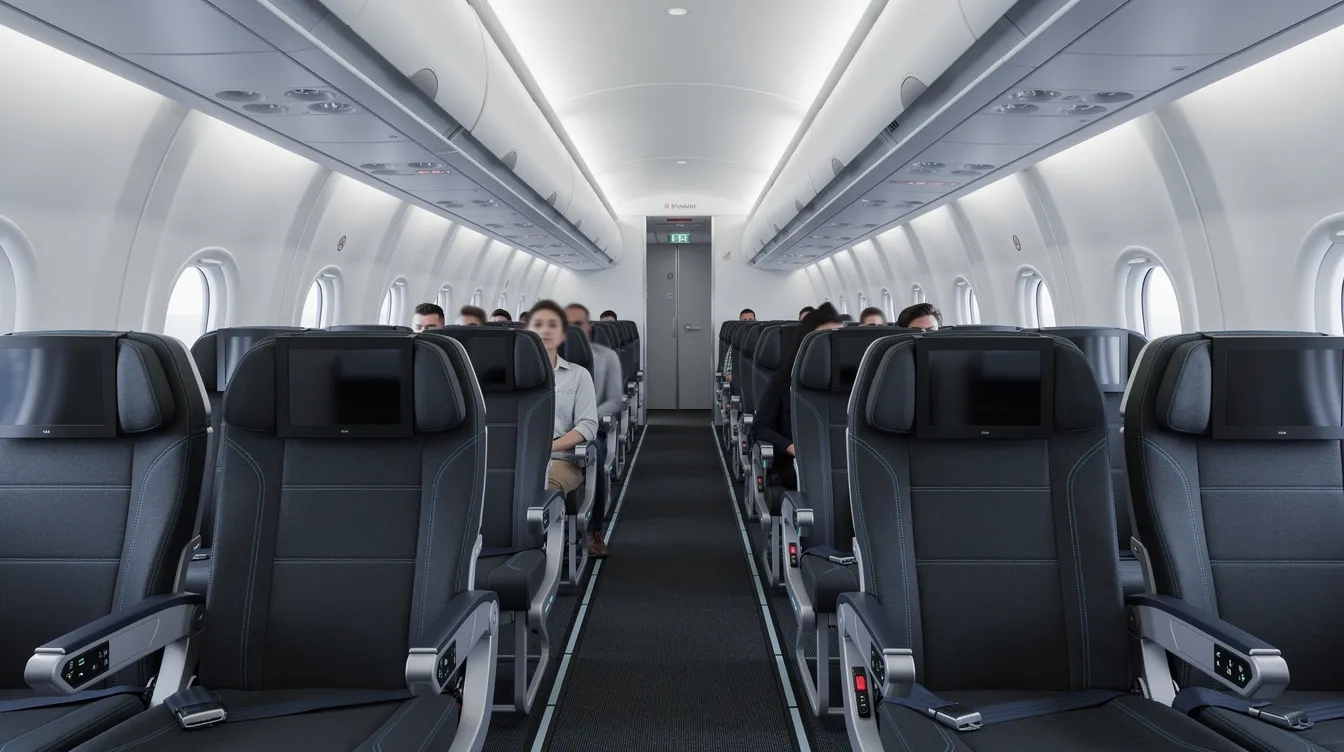 The image shows the interior of a modern Southwest Airlines airplane cabin, featuring rows of comfortable passenger seats and overhead bins for storage. The bright and spacious design creates an inviting atmosphere for travelers flying with ease on their journey.